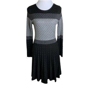 Calvin Klein Black Gray Color Block Cable Knit Scoop Neck A Line Sweater Dress M
